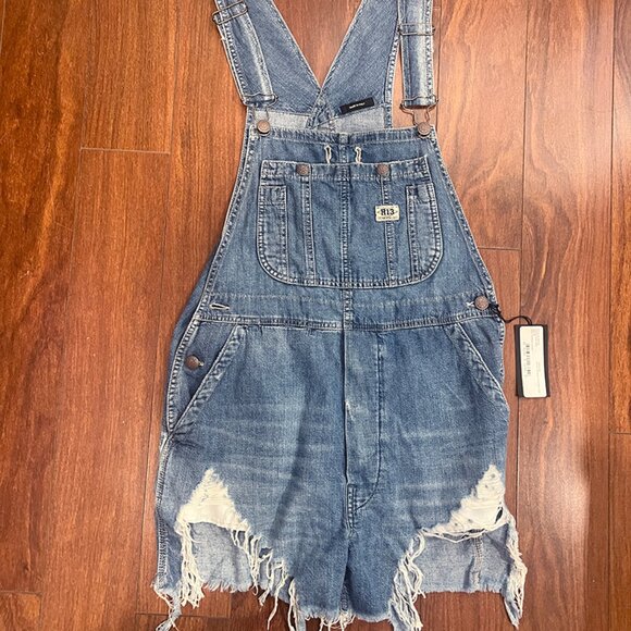 R13 Denim - R13 Brindley Wash Distressed Denim Overall Shorts Size M | Frayed Hem